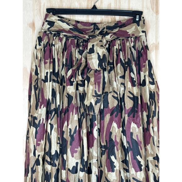 Mir Apparel Burgundy Black Tan Brown Maxi Flared Skirt Camo Pockets NWT One Size - Picture 5 of 8